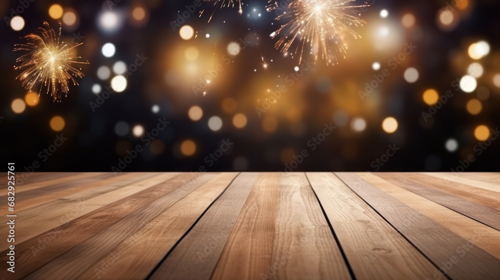 Wood floor empty with bokeh lights on fireworks background, Advertisement, Print media, Illustration, Banner, for website, copy space, for word, template, presentation Wood floor empty with bokeh lights on fireworks background, Advertisement, Print media, Illustration, Banner, for website, copy space, for word, template, presentation
