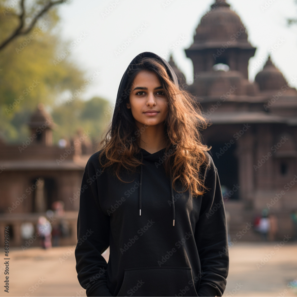 plain black hoodie wearing a model and standing towards facing hindu temple showing their front to the camera plain black hoodie wearing a model and standing towards facing hindu temple showing their front to the camera