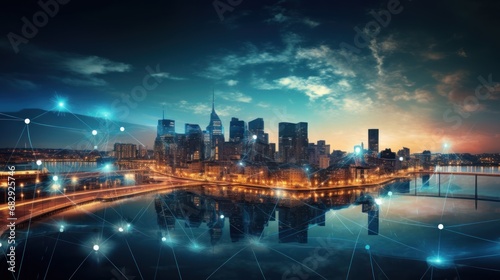 Smart city and communication network. Digital transformation  business  building  modern  urban  technology  connection  information  innovation  capita  future.