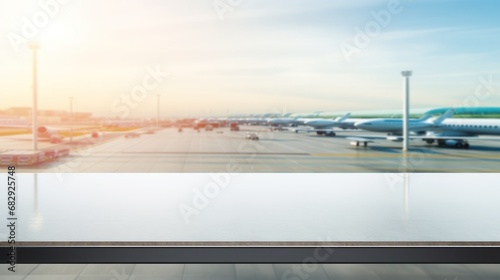 empty table white top with blur background of air port, Advertisement, Print media, Illustration, Banner, for website, copy space, for word, template, presentation © Space_Background
