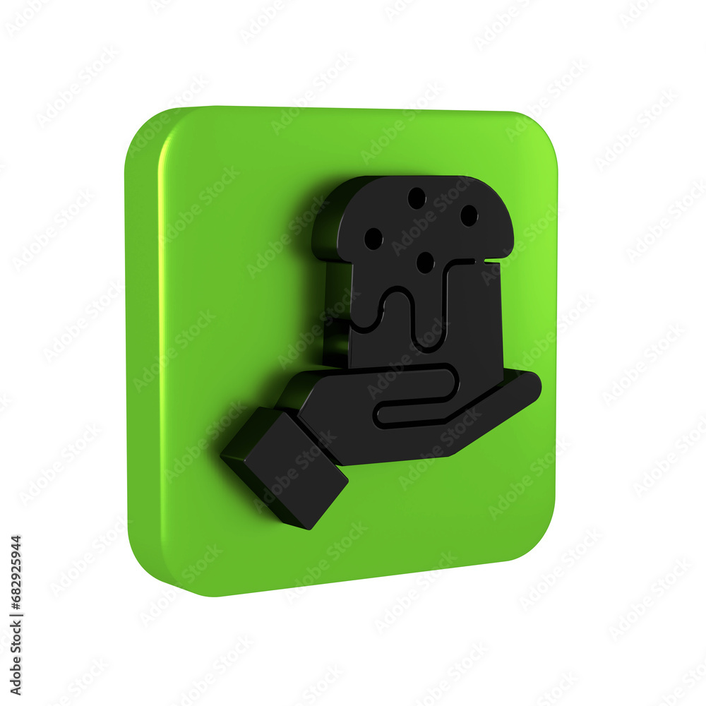 Black Human hand and easter cake icon isolated on transparent background. Happy Easter. Green square button. Black Human hand and easter cake icon isolated on transparent background. Happy Easter. Green square button.