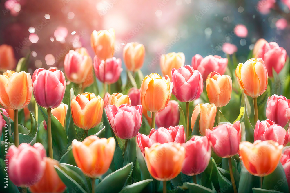 Spring background with beautiful pink tulips with bokeh.
