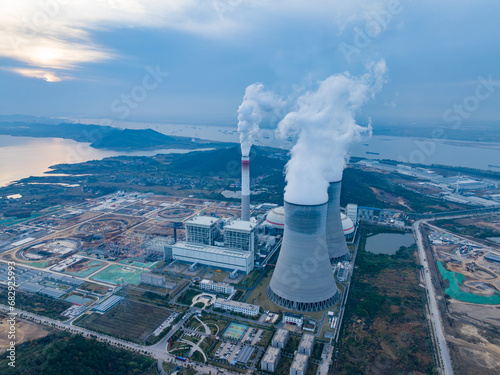 Aerial photography of cooling towers in thermal power plants