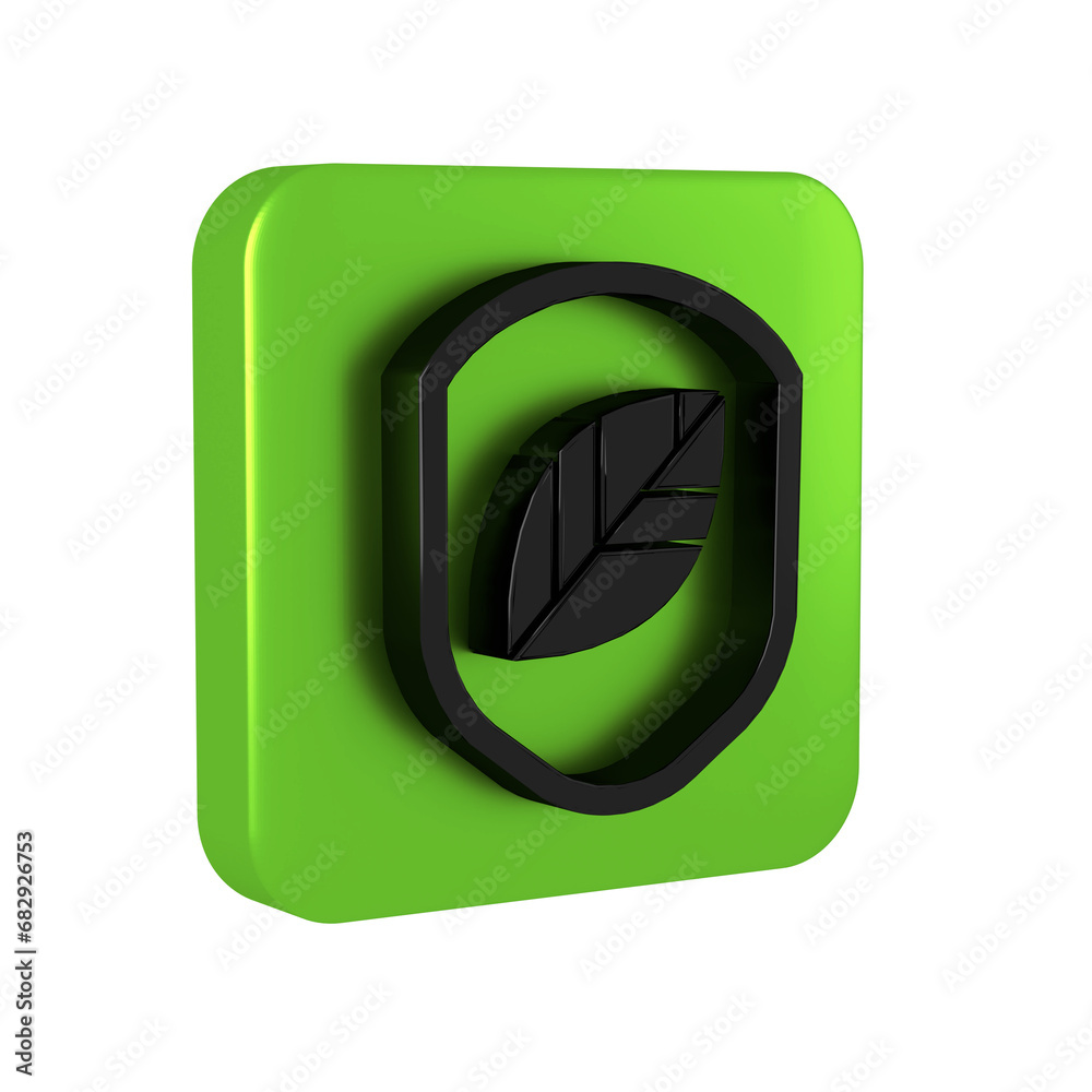 Black Shield with leaf icon isolated on transparent background. Eco-friendly security shield with leaf. Green square button. Black Shield with leaf icon isolated on transparent background. Eco-friendly security shield with leaf. Green square button.