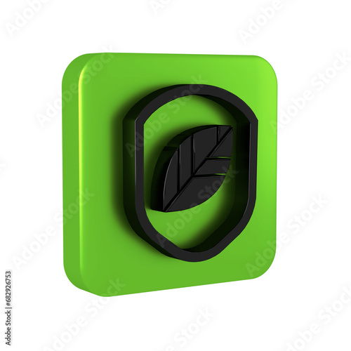 Black Shield with leaf icon isolated on transparent background. Eco-friendly security shield with leaf. Green square button.