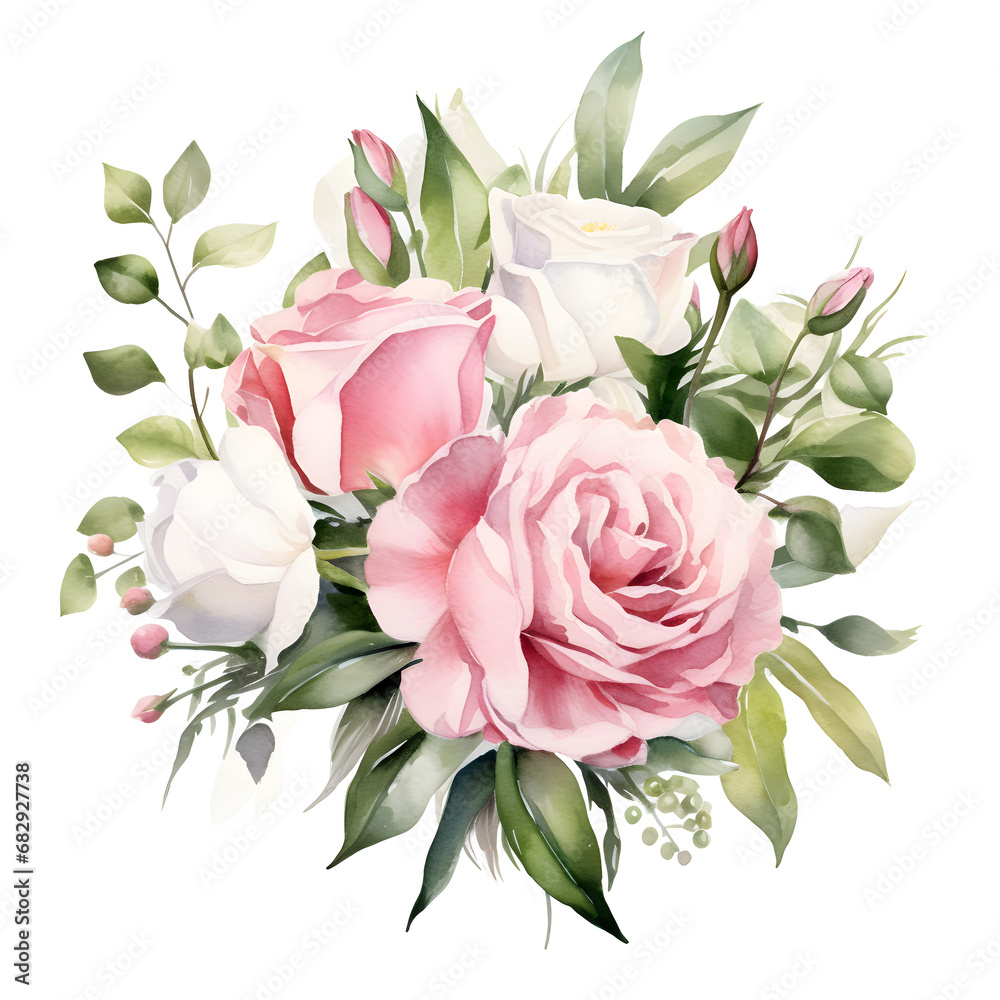 Watercolor Hand watercolor painting wedding roses on white background