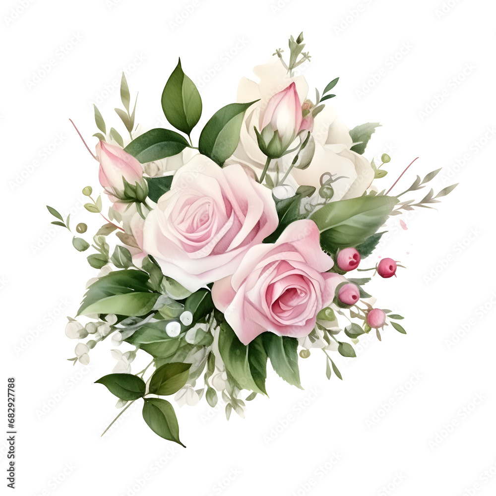 Watercolor Hand watercolor painting wedding roses on white background