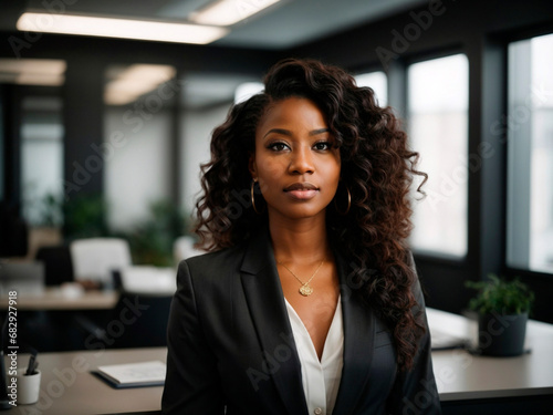 Portrait of a beauty black woman entrepreneur in a very clear office. Generated by AI photo