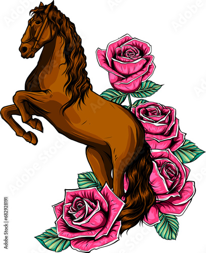 vector illustration of colored horse with roses on white background. digital draw