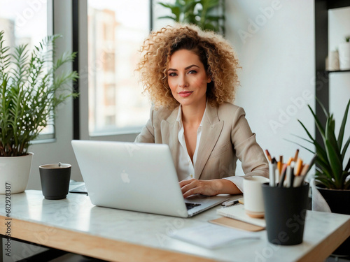 Portrait of a beauty blonde white woman entrepreneur in a very clear office. Generated by AI photo