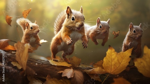 A playful group of red squirrels chasing each other among autumn leaves.