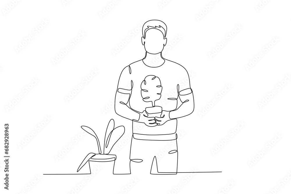 A gardener holding a plant. Garden one-line drawing