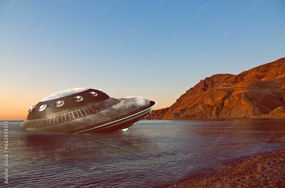 UFO, broken space saucer lies in the water on the banks of a sea or lake after an accident and crash. Landscape with invasion by extraterrestrial space object UFO, broken space saucer lies in the water on the banks of a sea or lake after an accident and crash. Landscape with invasion by extraterrestrial space object