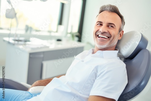 Close-up photo of a smiling man sitting in a chair in a dental office. He is waiting for the dentist for an oral procedure. Teeth whitening concept.