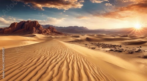 sunset in the desert, panoramic desert scene, sand in the desert, landscape in the desert