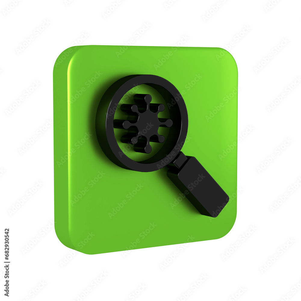 Black Virus under magnifying glass icon isolated on transparent background. Corona virus 2019-nCoV. Bacteria and germs, microbe, fungi. Green square button. Black Virus under magnifying glass icon isolated on transparent background. Corona virus 2019-nCoV. Bacteria and germs, microbe, fungi. Green square button.