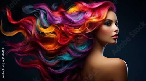 Beautiful girl with rainbow hair, professional hair coloring photo