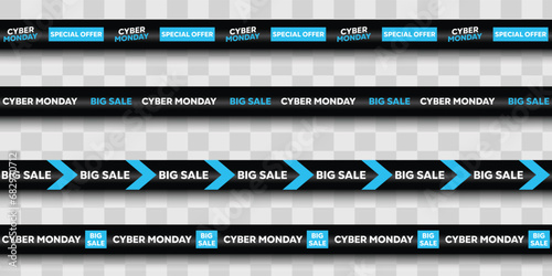Set of seamless  black and blue realistic ribbons with text - big sale, cyber monday. discount stripes for online shopping isolated on transparent background