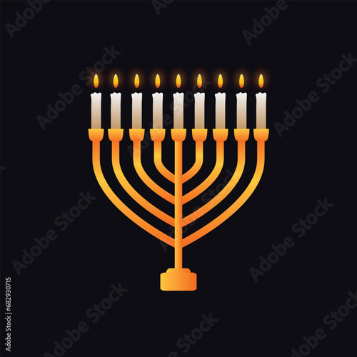 Hanukkah menorah. Traditional Jewish chanukiah candle holder with nine glowing candles on dark blue background. Vector illustration eps 10.