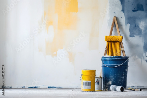Composition with paint decorator tools paint roller, paint bucket and paint cans photo