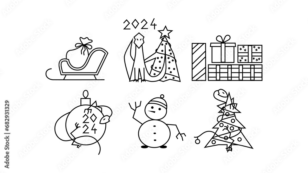 Happy New Year icons set. Dragon, symbol 2024. Collection Christmas line art elements. Happy New Year icons set. Dragon, symbol 2024. Collection Christmas line art elements.