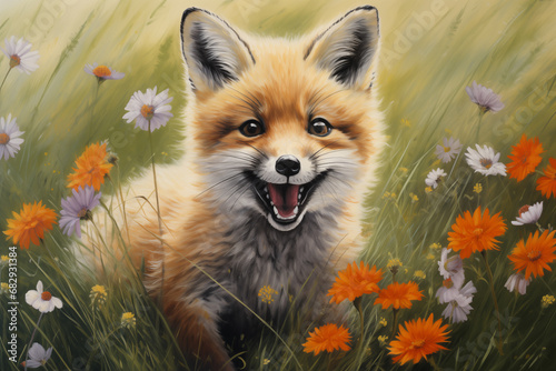 Cute fox in the grass  drawn with colored pencils.