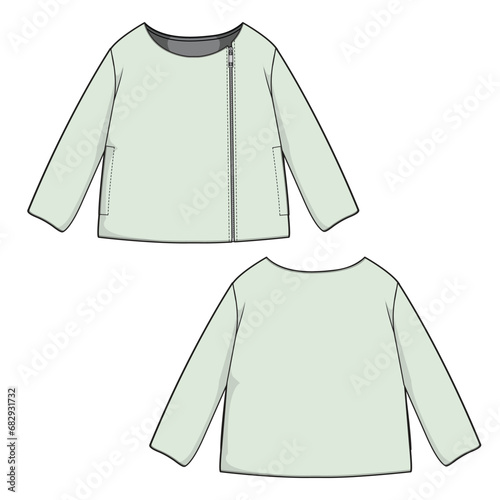 Women peasant summer jacket front and back view technical flat sketch vector template