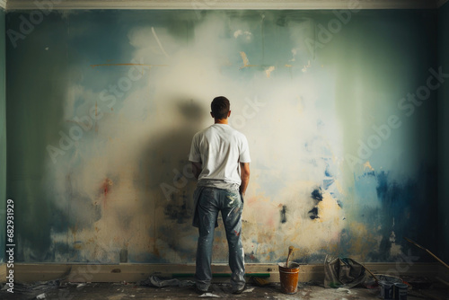 Back view of a house painter painting a wall