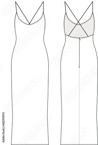 long maxi midi ankle length spaghetti strap backless dress template technical drawing flat sketch fashion woman