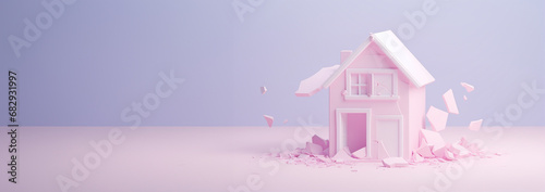 Destroyed house icon.3D pastel color. Concept for family breakup problem or damaged home,house. Needs renovation. Outline destroyed house icon for web design isolated Copy space