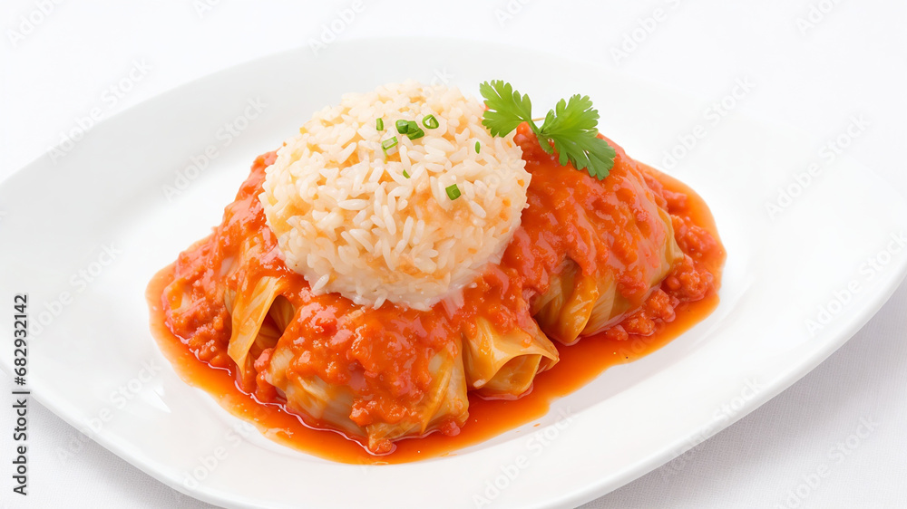 Stuffed cabbage with rice on a white table on white background. Stuffed cabbage with rice on a white table on white background.