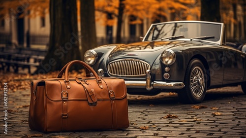minimalist suitcase positioned in an artfully designed luxury car, symbolizing the harmony between automotive and travel aesthetics © Artistic_Creation