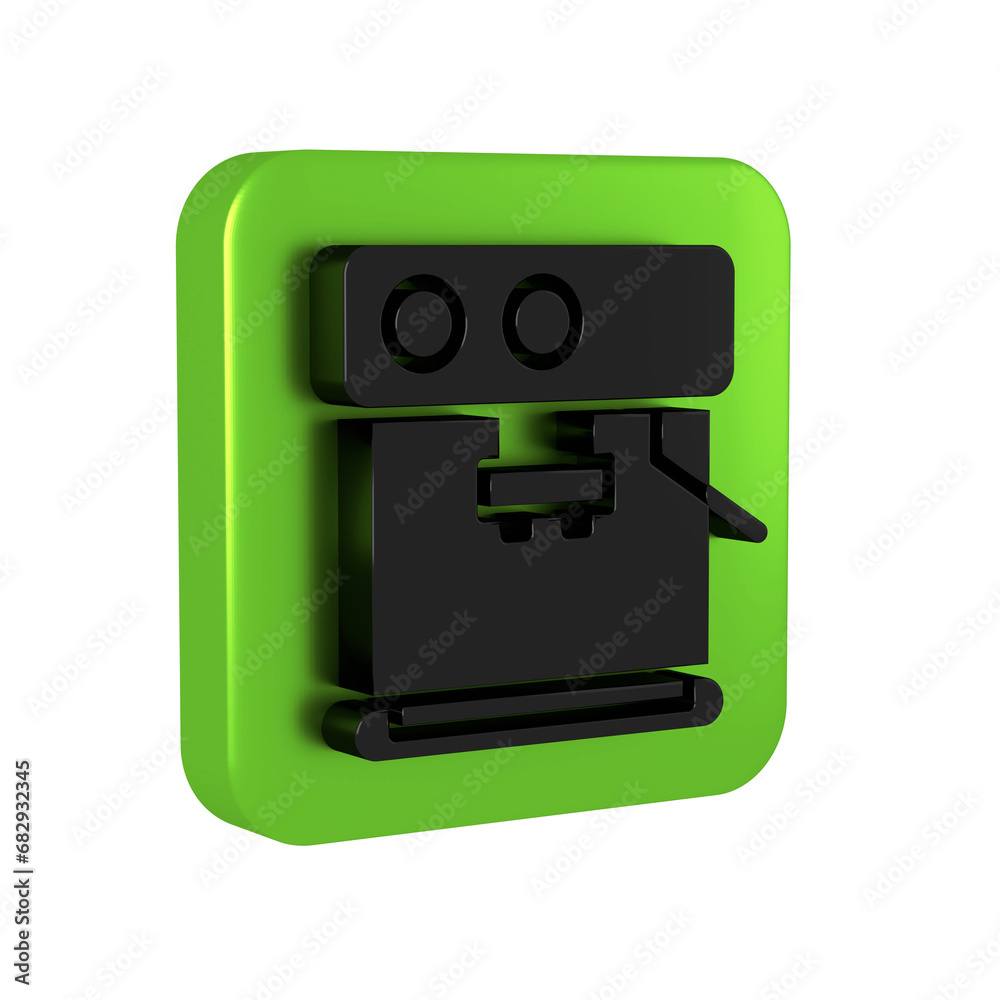 Black Coffee machine icon isolated on transparent background. Green square button. Black Coffee machine icon isolated on transparent background. Green square button.