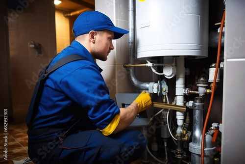 Professional plumber checking a water heater boiler and pipes, boiler installing, service and maintenance concept. photo