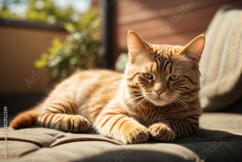 Cute cat sunbathing in the sun. Generative AI.