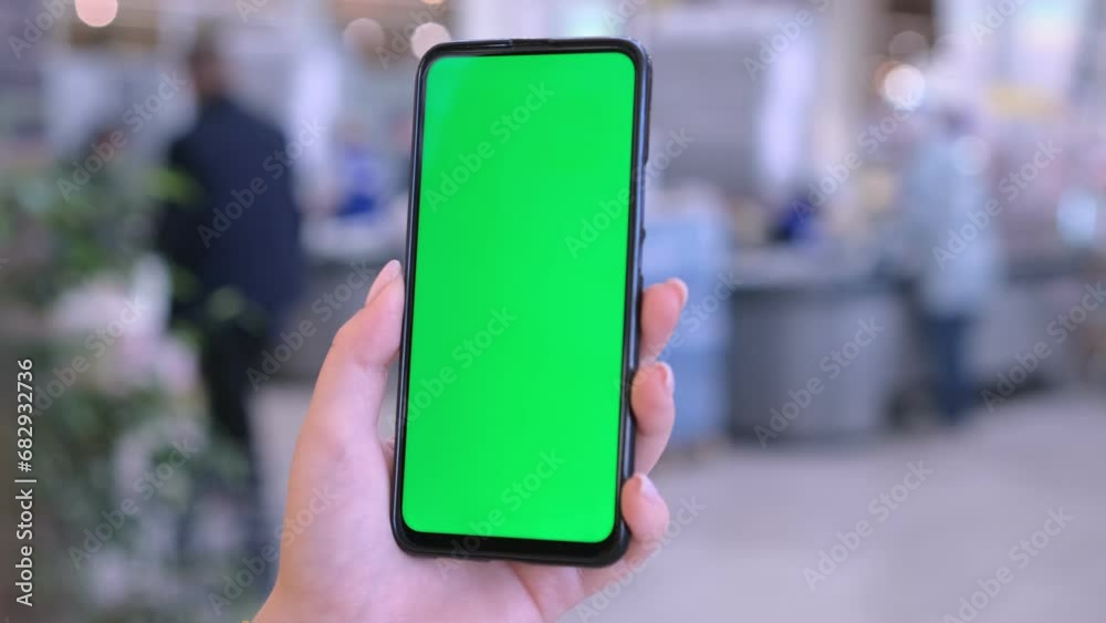 The Young Woman with a Green-Screen Smartphone in a Shopping Mall. Concept of human life in the digital world 4K The Young Woman with a Green-Screen Smartphone in a Shopping Mall. Concept of human life in the digital world 4K