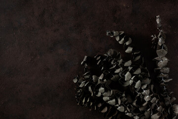 dark moody faded eucalyptus leaf background, brown fall plants decay