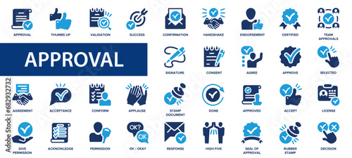 Approval flat icons set. Check mark, certified, validation, agreement, thumps up, settings, shield icons and more signs. Flat icon collection. photo