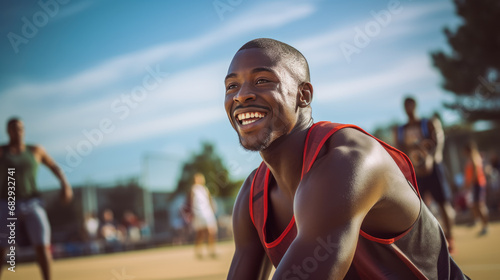 Upbeat African American athlete in a red tank top, smiling brightly, on an outdoor basketball court with a clear blue sky overhead, conveying a sense of joy and vitality.