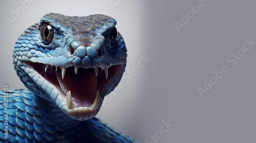 Blue snake with open mouth ready to attack isolated on gray background