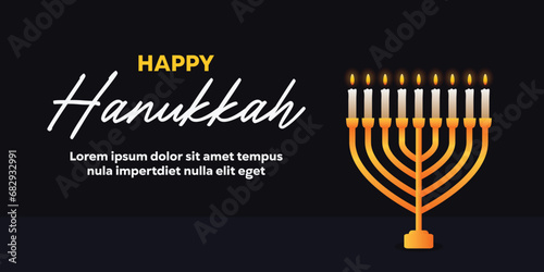 Happy Hanukkah illustration.Jewish holiday greeting with candles and black background