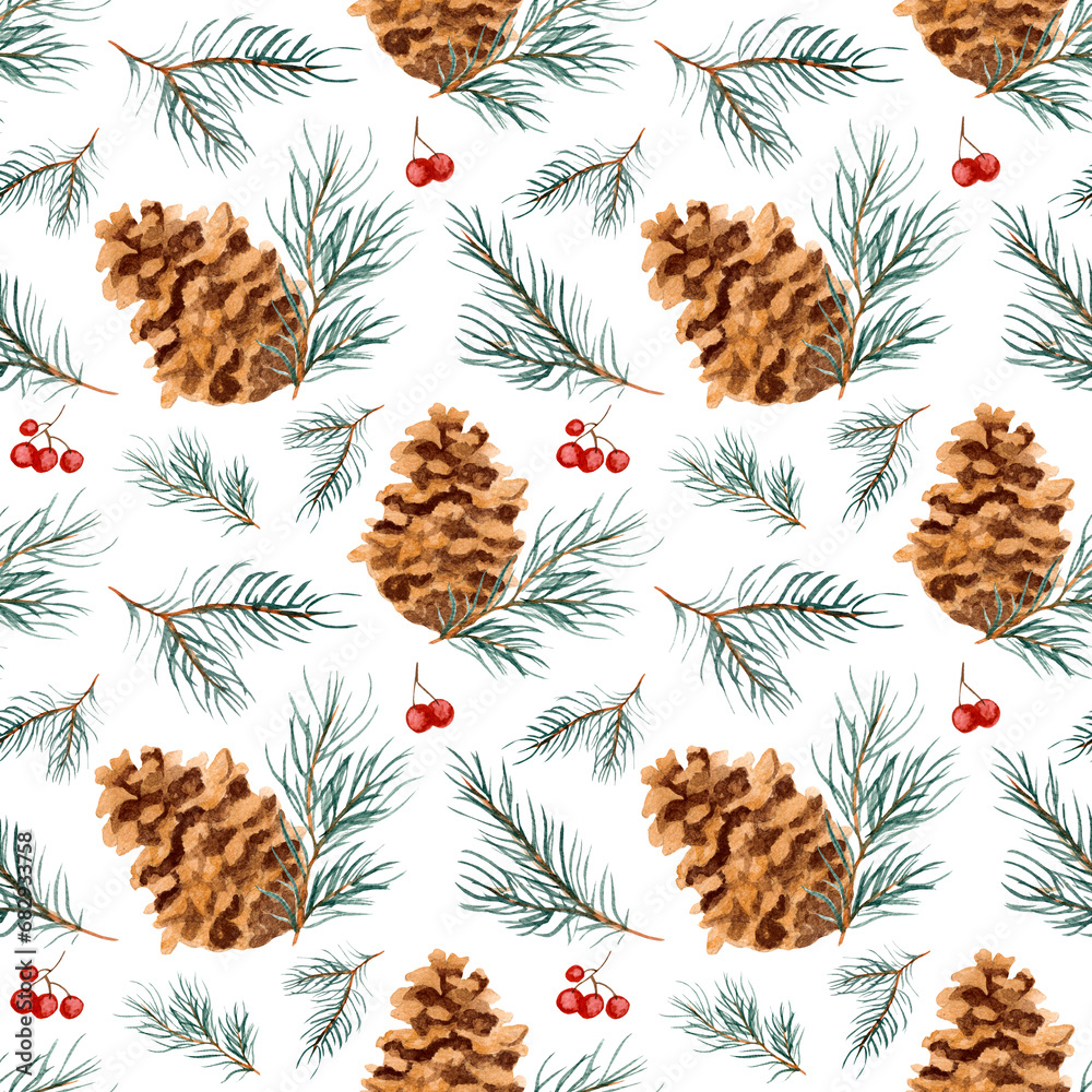 Fototapeta premium Watercolor pattern with spruce, fir cones, red berries on a white background. For Christmas, New Year, wrapping etc.
