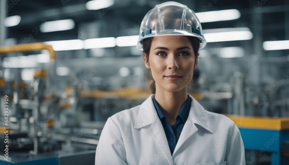Female Factory worker wearing a safety helmet in the background of a production line Female Factory worker wearing a safety helmet in the background of a production line