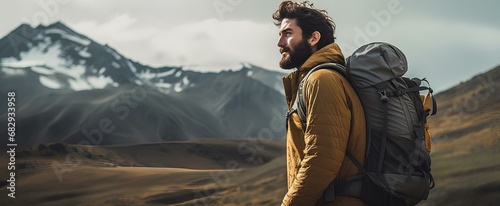 an adventurer who enjoys trekking with a backpack. a beautiful, desolate mountainous region landscape. generative AI