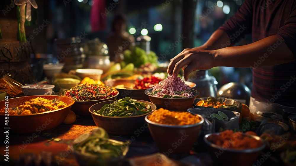 Marketplace Gastronomy: A Culinary Journey through the Vibrant Street Food Scene of Thailand's Local Market. - obrazy, fototapety, plakaty 