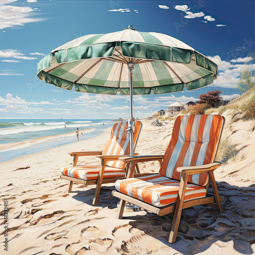 watercolor beach umbrella and chair clipart  Generative Ai