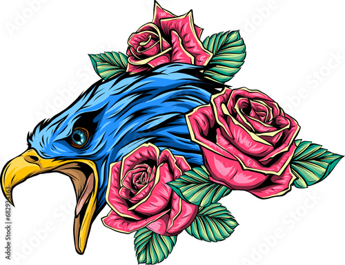 vector illustraion of eagle with flower roses on white background
