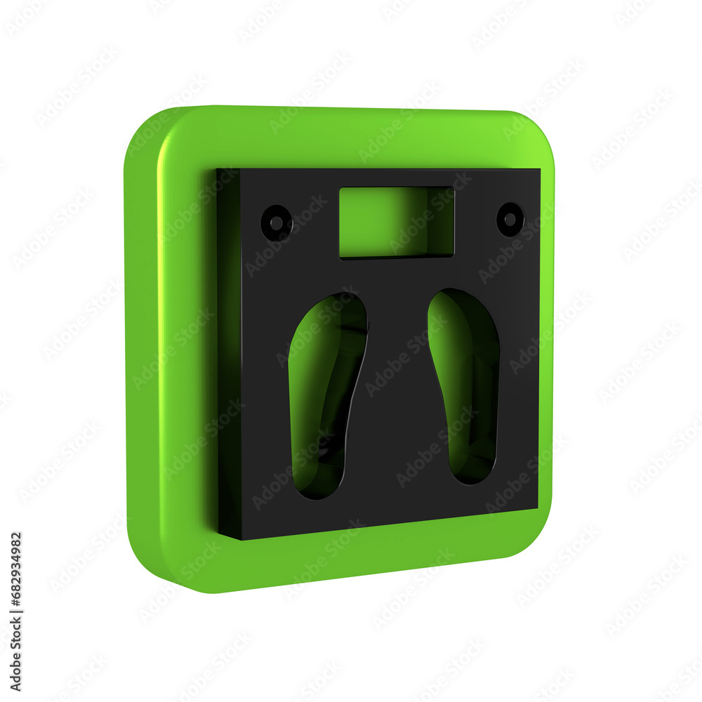 Black Bathroom scales icon isolated on transparent background. Weight measure Equipment. Weight Scale fitness sport concept. Green square button. Black Bathroom scales icon isolated on transparent background. Weight measure Equipment. Weight Scale fitness sport concept. Green square button.