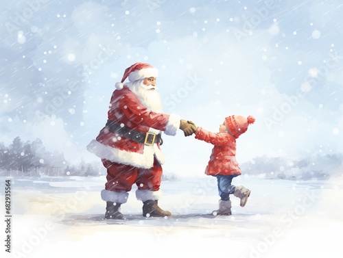 Beautiful watercolor drawing of Santa Claus and child dancing or greeting in the snow, outdoors, snowy white december landscape with trees, snowing, nice image of joy, happiness, faith and friendship