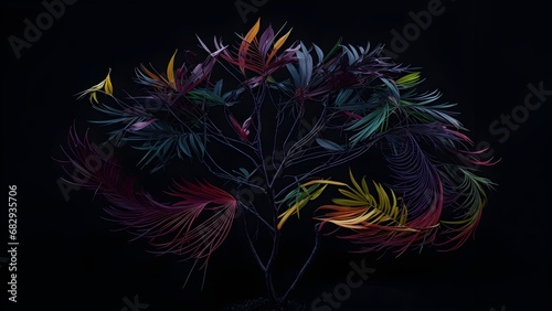 3D rendering of a colorful tropical tree on a black background.